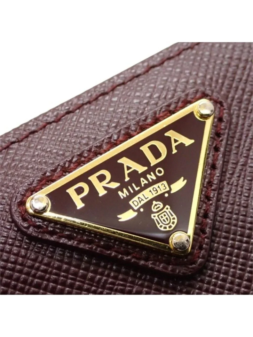 Prada Saffiano Triangle Bifold Wallet Bordeaux Burgundy Gold Genus